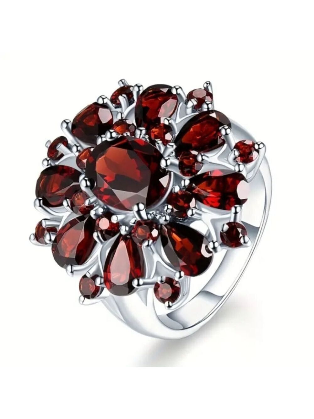 Elegant Silvertone and Red Gemstone Ring